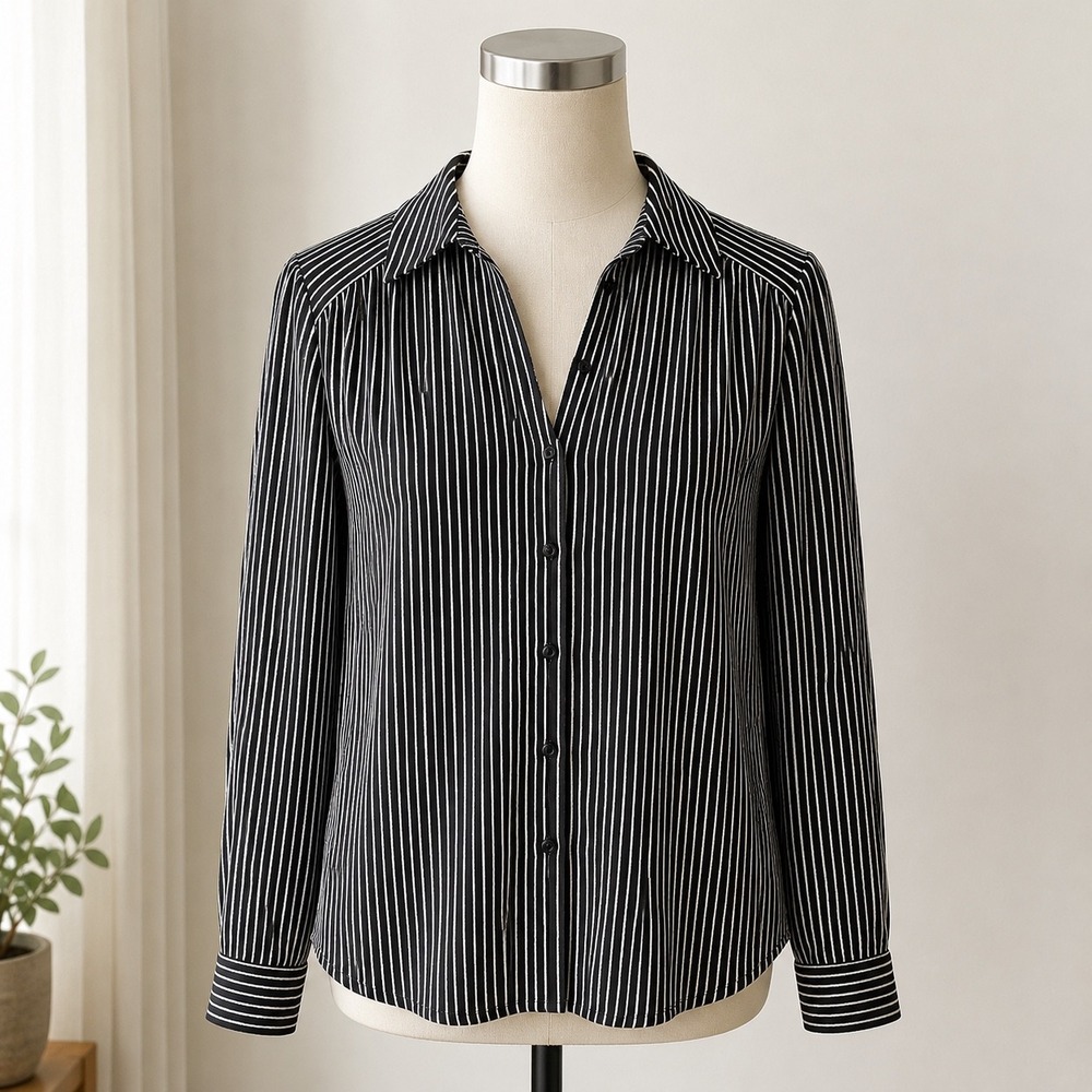 Adrianna Papell Button Down Shirt Womens Medium Black White Pinstripe Officecore